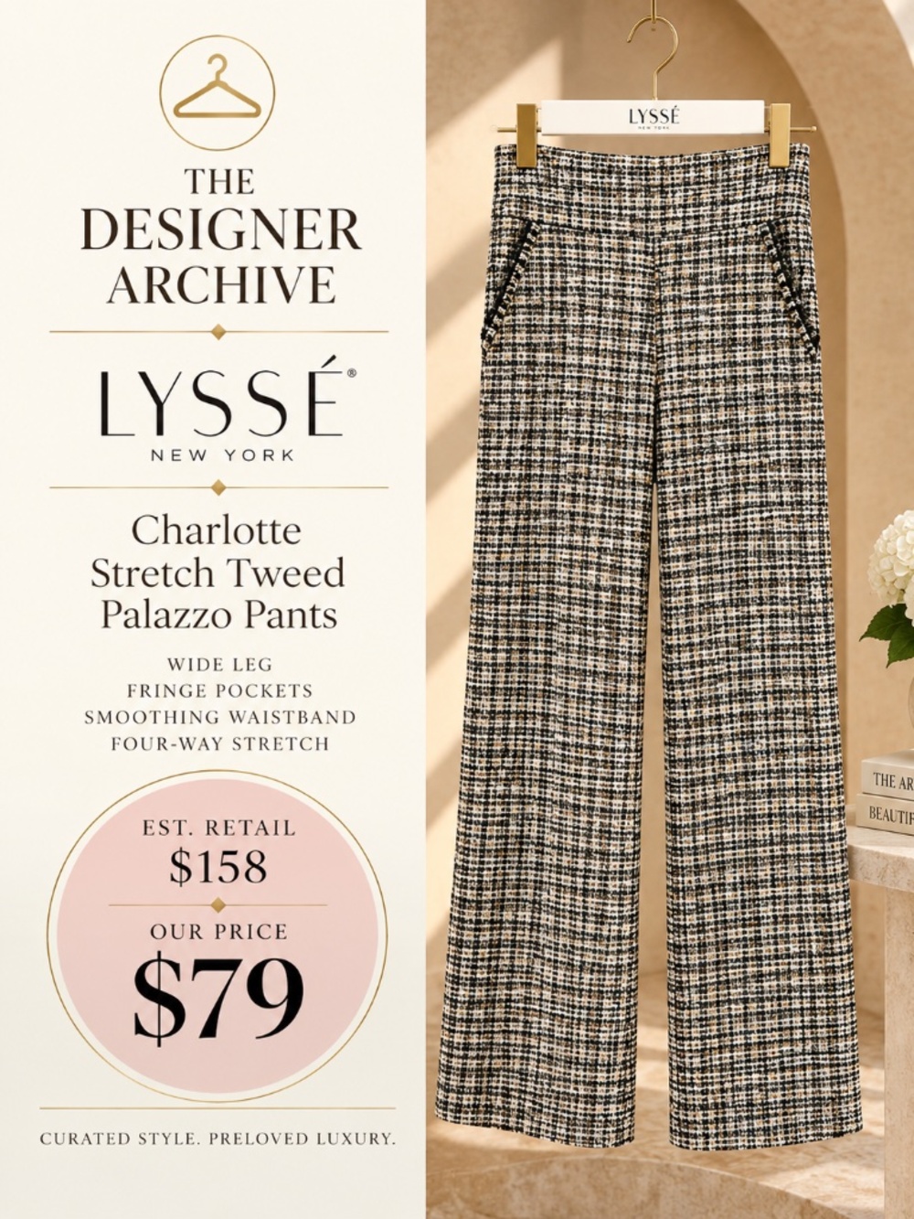 LYSSÉ Charlotte Stretch Tweed Palazzo Pants Wide Leg Size L